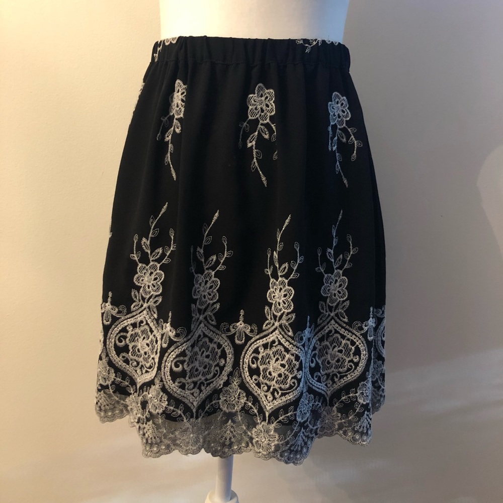 WAYF Black Skirt with White Floral Crochet
